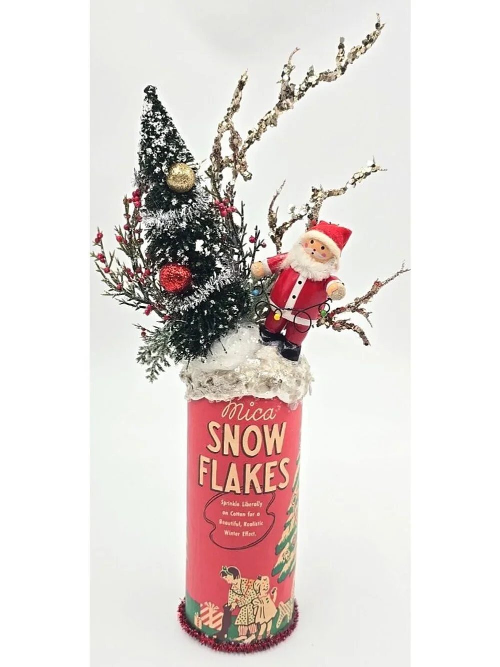 OOAK Christmas Assemblage Art Vtg Kitschy Bottle Brush Tree Wooden Santa Mica